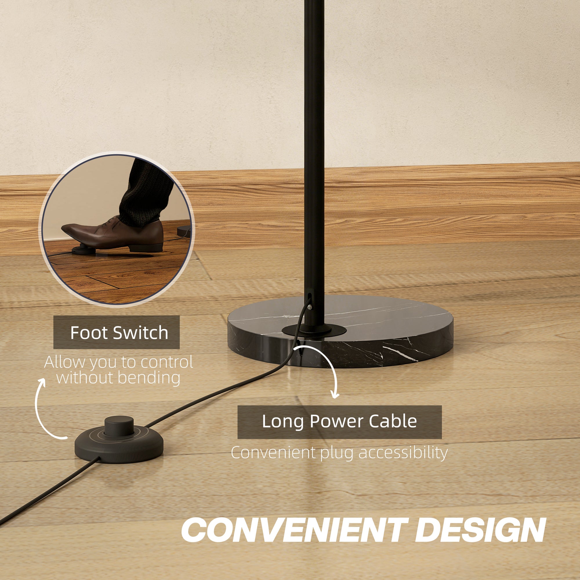 HOMCOM Arc Floor Lamp for Living Room, Modern Adjustable Standing Lamp with Faux Black Marble Base Black 