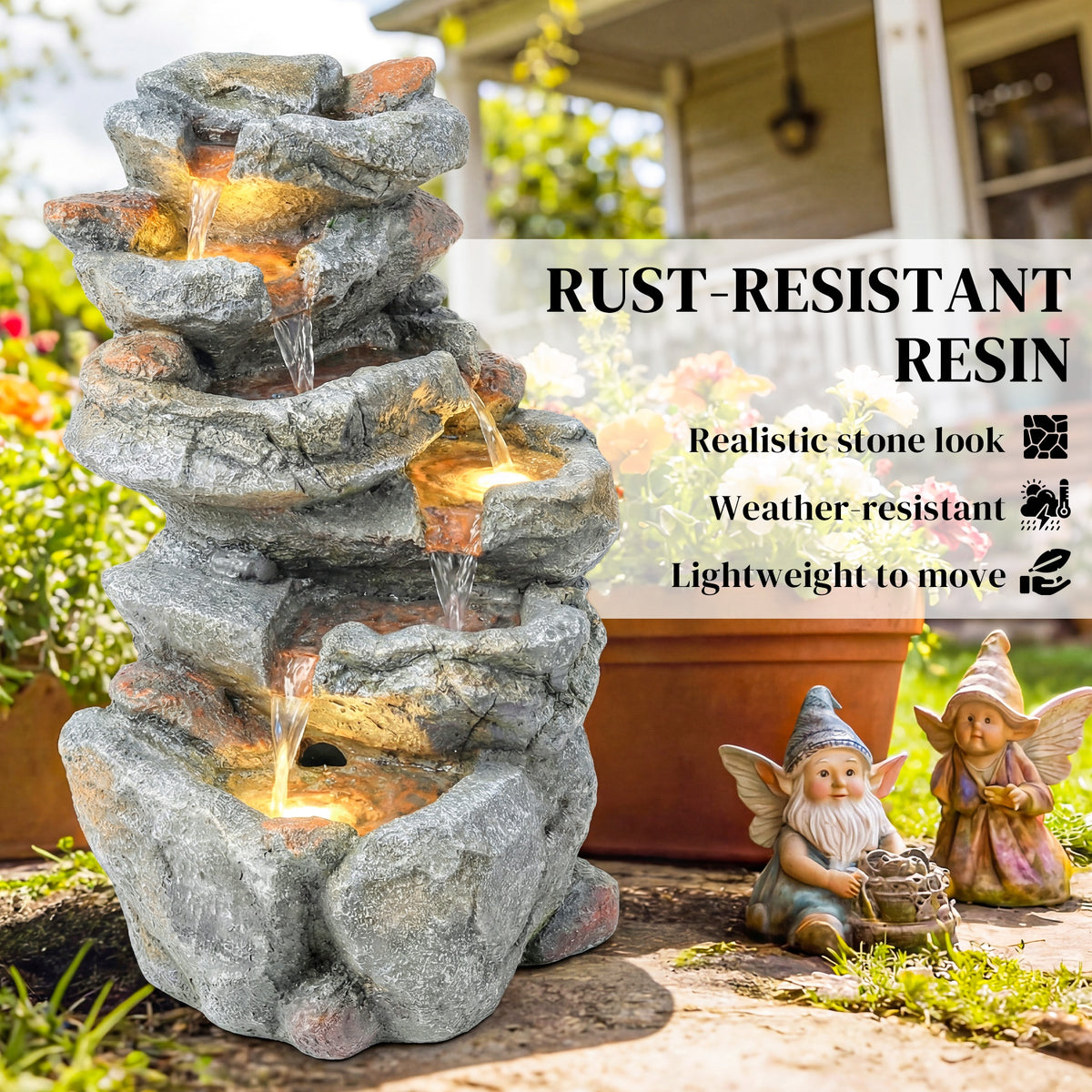 Outsunny Outdoor Water Fountain with 6-Tier Rock Style, Cascading Waterfall Feature with LED Lights, Adjustable Flow, Grey 
