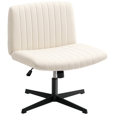 HOMCOM Armless Office Chair No Wheels, Linen Fabric Criss Cross Legged Desk Chair with Wide Seat, Thick Padding, Tilt Function, Height Adjustable Swivel Computer Seat for Home, Cream 