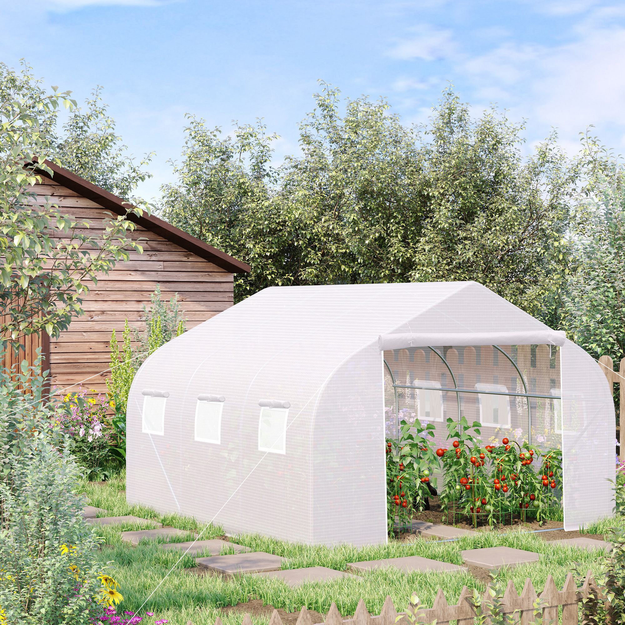 Outsunny Walk-In Polytunnel Greenhouse Warm House Garden Tunnel Shelter Plant Shed with Door and Windows, Galvanised Steel Frame, 4.5 x 3 x 2m, White 