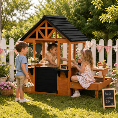 AIYAPLAY Wooden Playhouse Playhouse for Kids with Table, Benches, Sink Table, Windows, Flowerpot Holders, for Ages 3-8, Brown