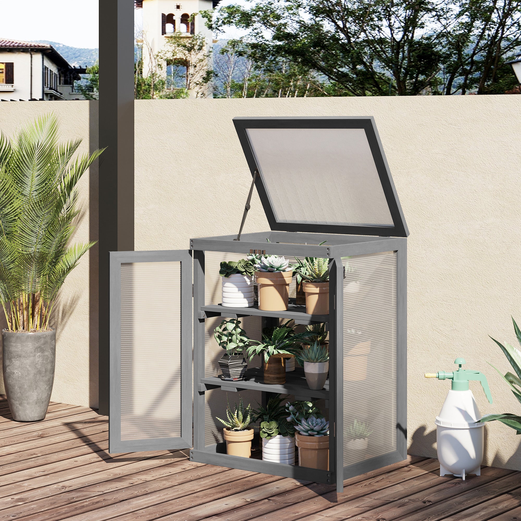 Outsunny 3-tier Wood Greenhouse Garden Polycarbonate Cold Frame Balcony Grow House w/ Storage Shelf for Plants, Flowers, Dark Grey 