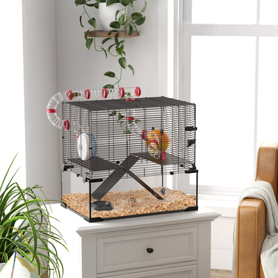 PawHut Gerbil Cage Dwarf Hamster Cage, with Deep Glass Bottom, Tunnels, Hut, Exercise Wheel, 60 x 40 x 57cm 