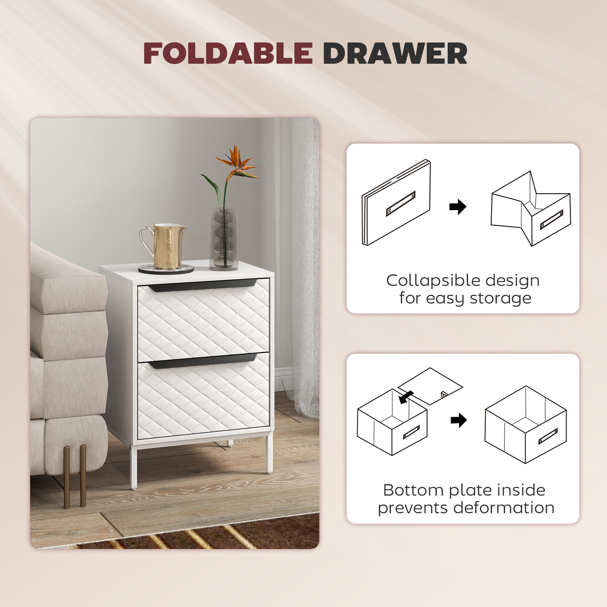 HOMCOM Chest of Drawers, Dresser with 2 Fabric Drawers and Aluminium Handles - White 