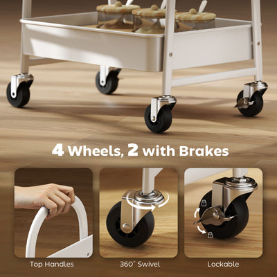 HOMCOM 3-Tier Kitchen Storage Trolley with on Wheels Cover Top Board - White and Oak 
