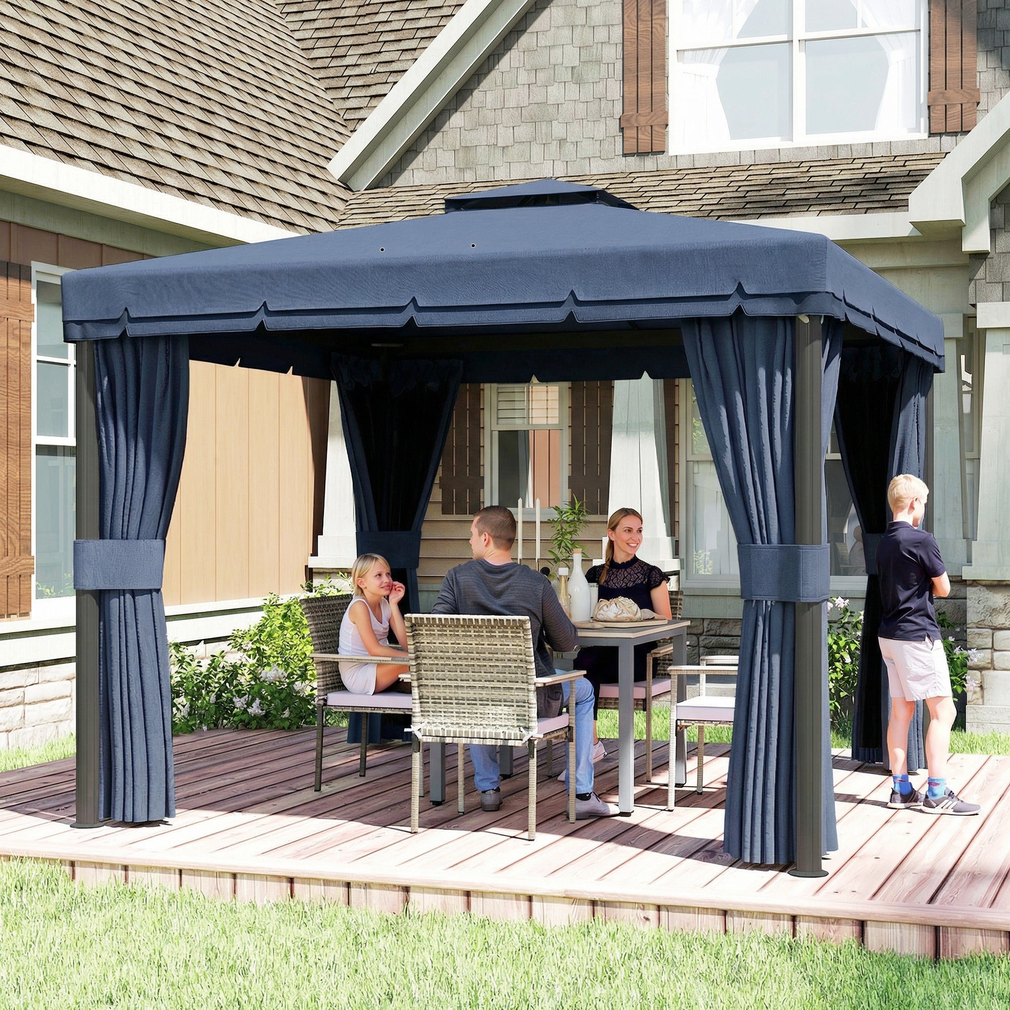 Outsunny 3 x 3(m) Patio Gazebo Canopy Garden Pavilion Tent Shelter Marquee with 2 Tier Roof, Netting and Curtains, Dark Blue 