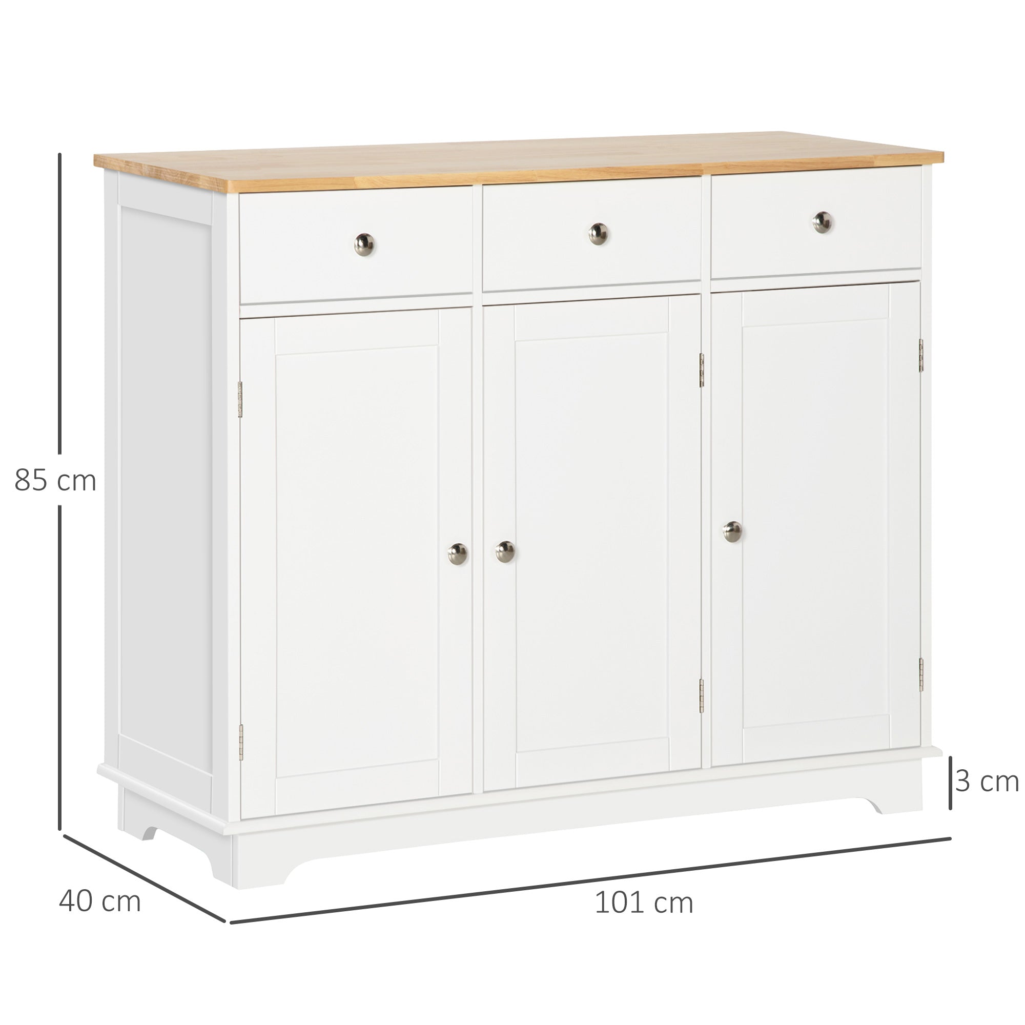 HOMCOM Modern Sideboard with Rubberwood Top, Buffet Cabinet with Storage Cabinets, Drawers and Adjustable Shelves for Living Room, Kitchen, White 
