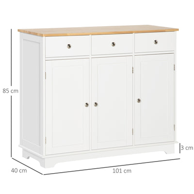 HOMCOM Modern Sideboard with Rubberwood Top, Buffet Cabinet with Storage Cabinets, Drawers and Adjustable Shelves for Living Room, Kitchen, White 