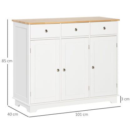HOMCOM Modern Sideboard with Rubberwood Top, Buffet Cabinet with Storage Cabinets, Drawers and Adjustable Shelves for Living Room, Kitchen, White 