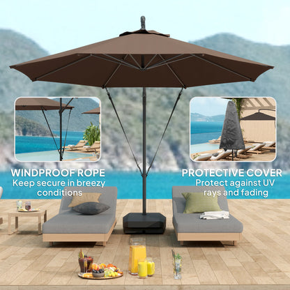 Outsunny 3(m) Garden Cantilever Parasol with Fillable Base, Wind Protection Strap, Cover, Round Banana Hanging Umbrella with Crank Handle and Tilt, Patio Umbrella for Outdoor Sun Shade, UPF50+, Brown 