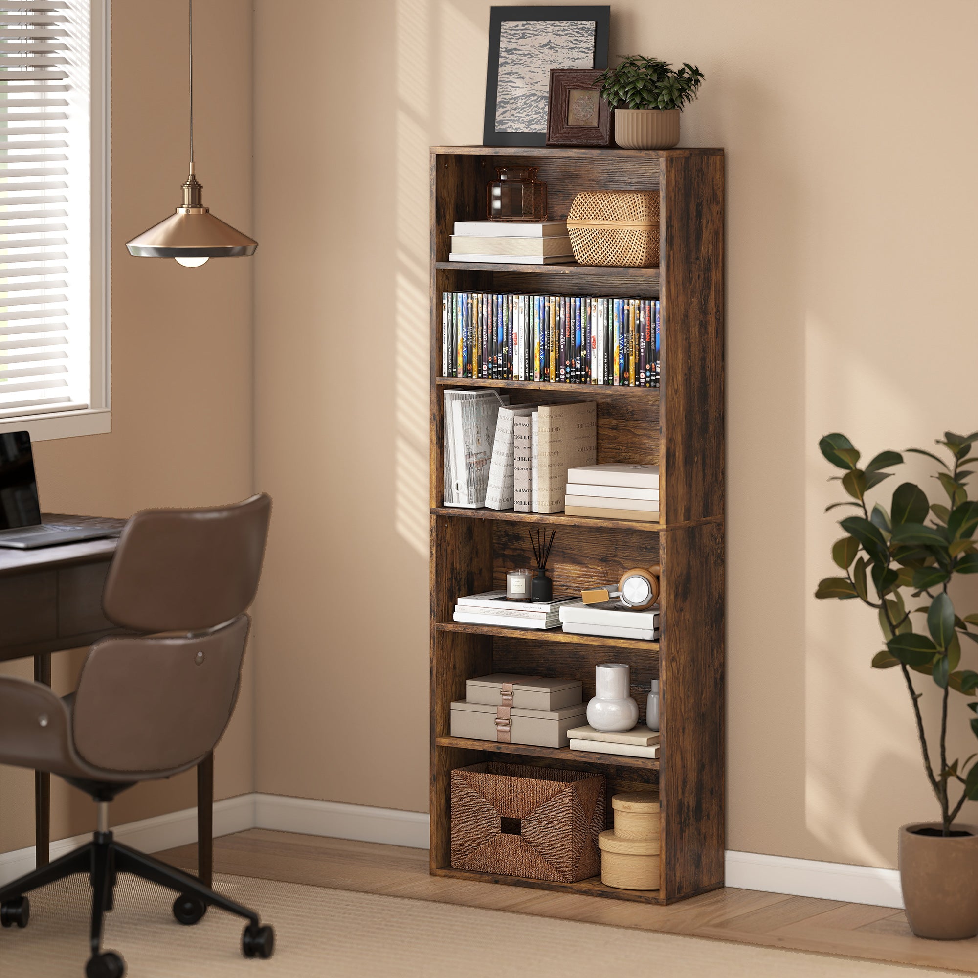 HOMCOM Six Shelf Bookcase - Rustic Brown 