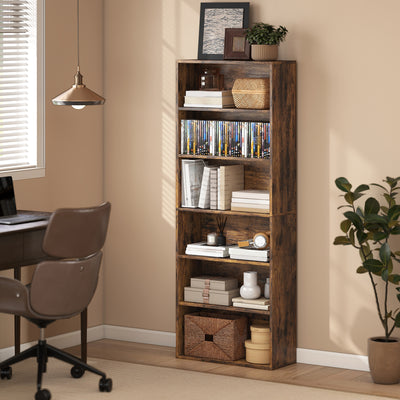 HOMCOM Six Shelf Bookcase - Rustic Brown 