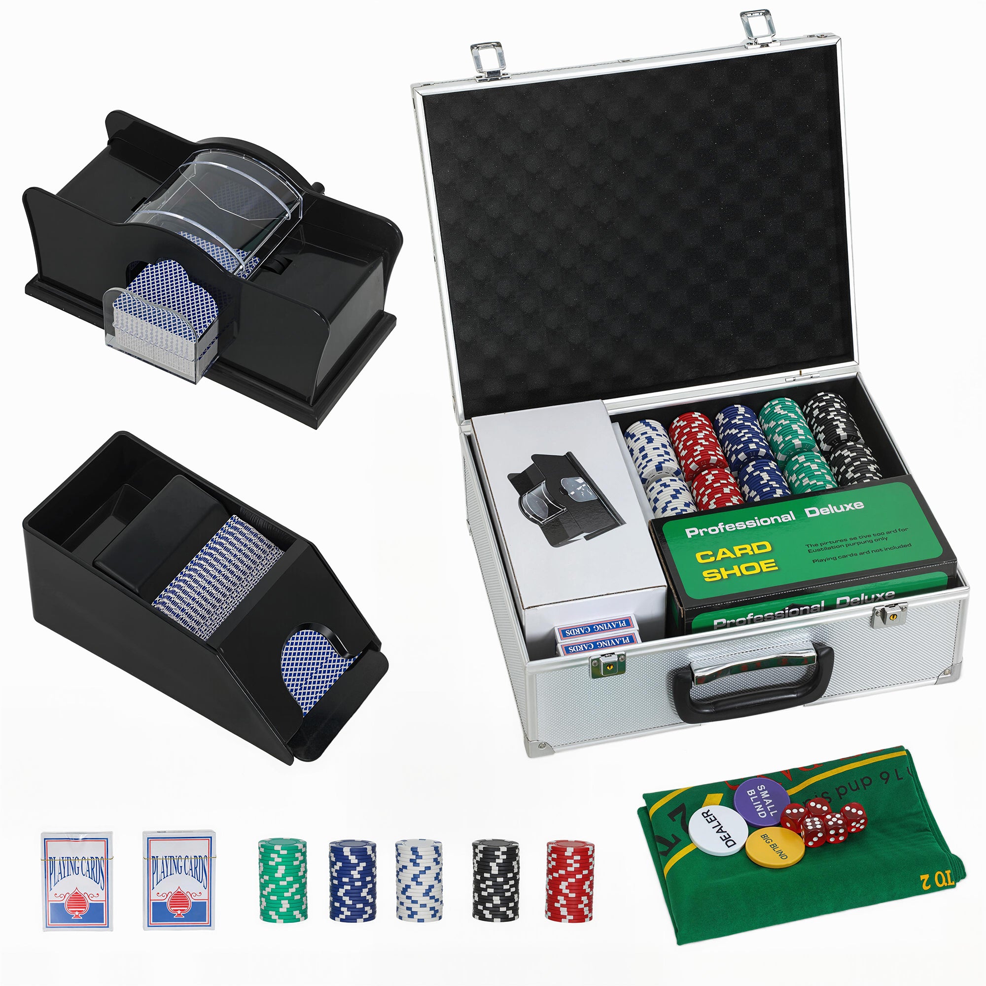 SPORTNOW 300-Piece Poker Chips Set with Card Shuffler, Card Shoe, Case, Casino Texas Holdem Poker Set with Mat, Silver Tone 