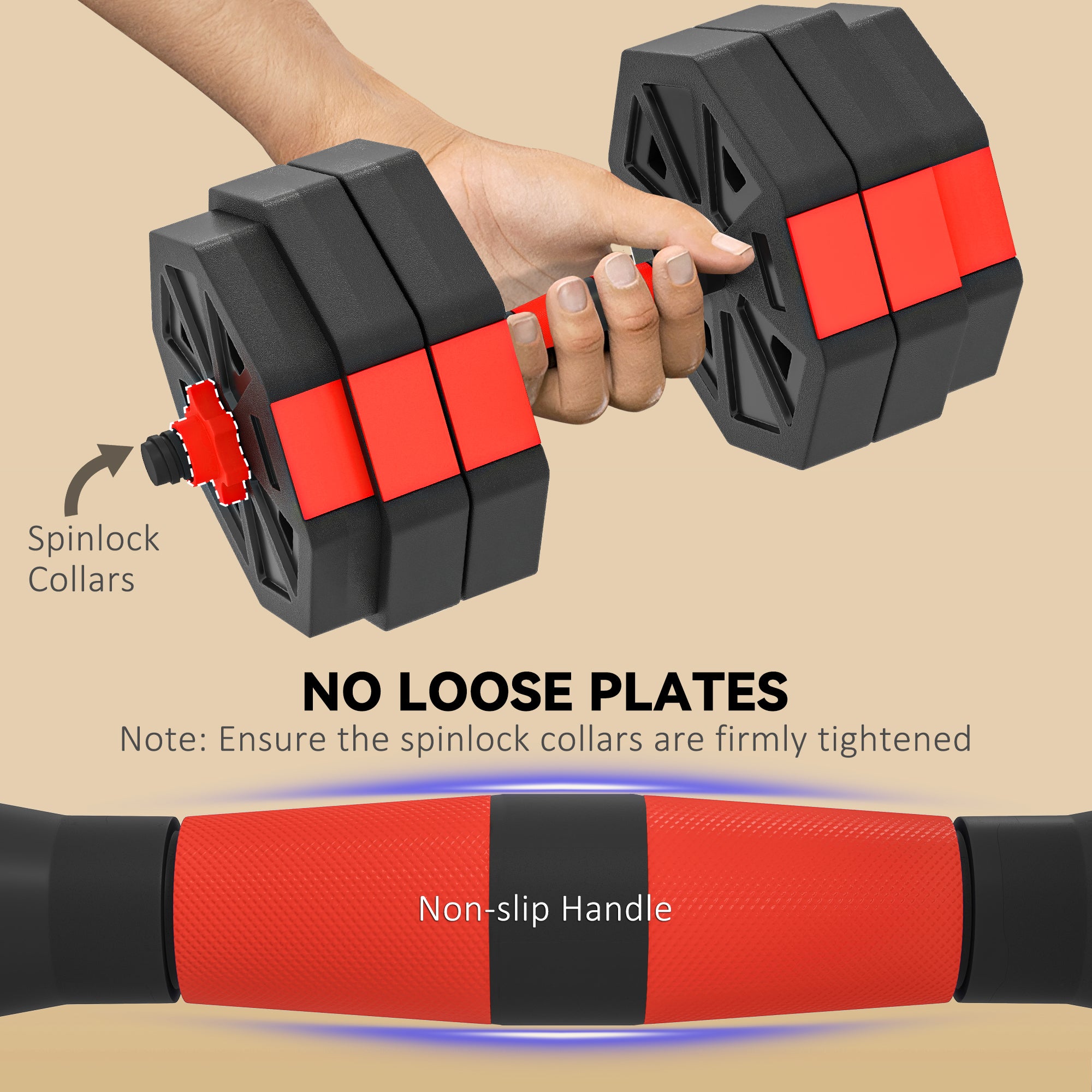 SPORTNOW 6-in-1 Adjustable Weight Dumbbells Set, Used as Kettlebell, Barbell, Dumbbell, Push-Up Stand, 30kg Free Weights Set for Men and Women Home Gym Training, Red 
