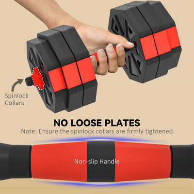 SPORTNOW 6-in-1 Adjustable Weight Dumbbells Set, Used as Kettlebell, Barbell, Dumbbell, Push-Up Stand, 30kg Free Weights Set for Men and Women Home Gym Training, Red 