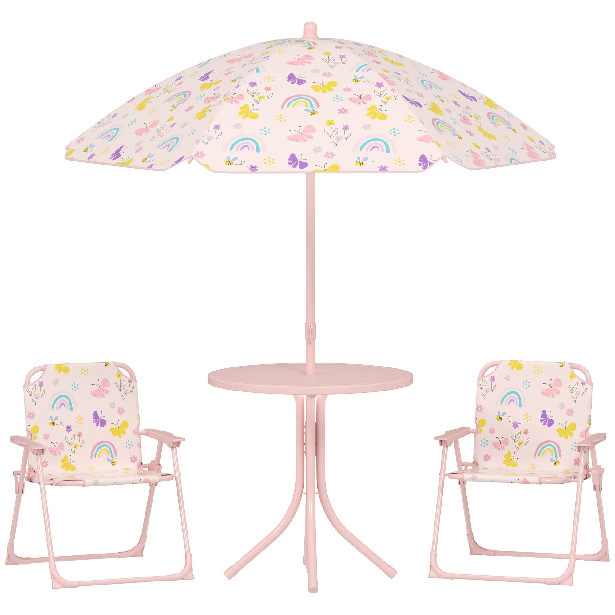 AIYAPLAY 4 Pieces Kids Garden Table and Chair Set with Adjustable Parasol, Folding Chairs, Table, Rainbow Pattern, Pink 