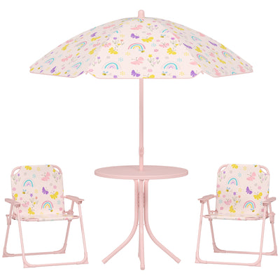 AIYAPLAY 4 Pieces Kids Garden Table and Chair Set with Adjustable Parasol, Folding Chairs, Table, Rainbow Pattern, Pink 