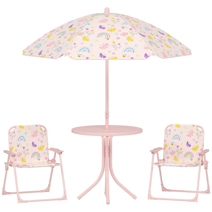 AIYAPLAY 4 Pieces Kids Garden Table and Chair Set with Adjustable Parasol, Folding Chairs, Table, Rainbow Pattern, Pink 