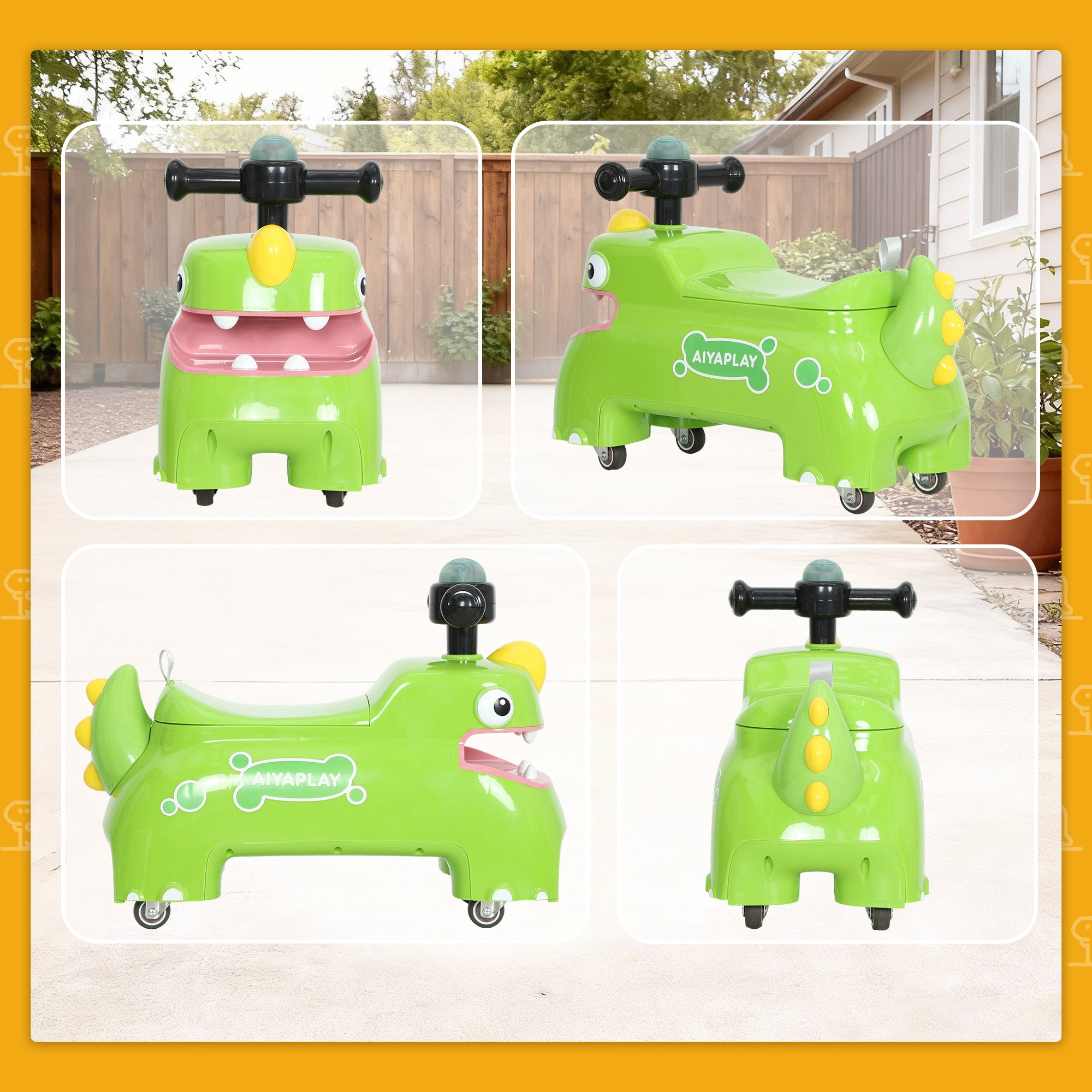 AIYAPLAY Kids Ride On Car, Dinosaur Foot to Floor Slider with Storage, Toddler Walker with Light, Sounds, Green 