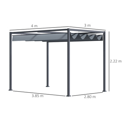 Outsunny 4 x 3(m) Metal Outdoor Pergola with Retractable Roof, Outdoor Gazebo Canopy Shelter with Drainage Holes for Garden, Patio, Lawn, Grey 