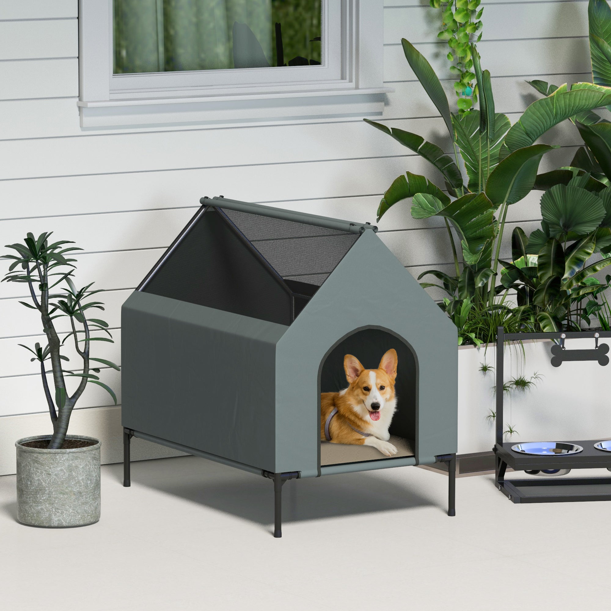 PawHut Dog House Outdoor Elevated Dog Bed with Removable Cover, Mesh Windows, Storage Bag, for S and M-Sized Dogs, Grey 