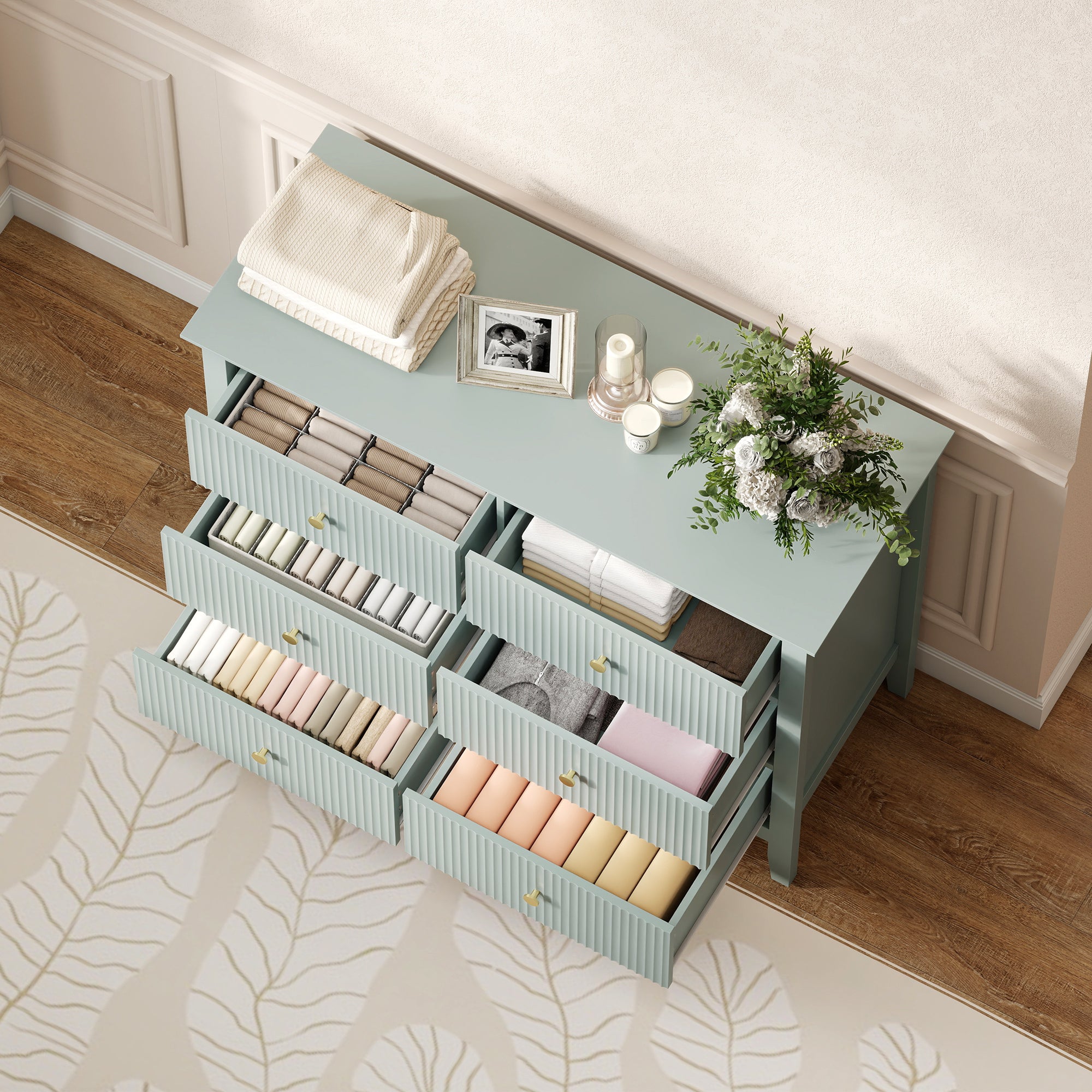 HOMCOM Fluted Dresser, 6 Drawer Chest of Drawers for Bedroom, Living Room, Hallway, Closet, Green 