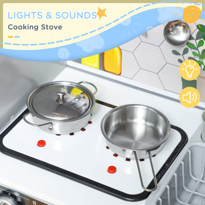 AIYAPLAY Pretend Play Toy Kitchen, Kids Kitchen Playset w/ Sounds, Lights, Running Water, Coffee Maker, Refrigerator 
