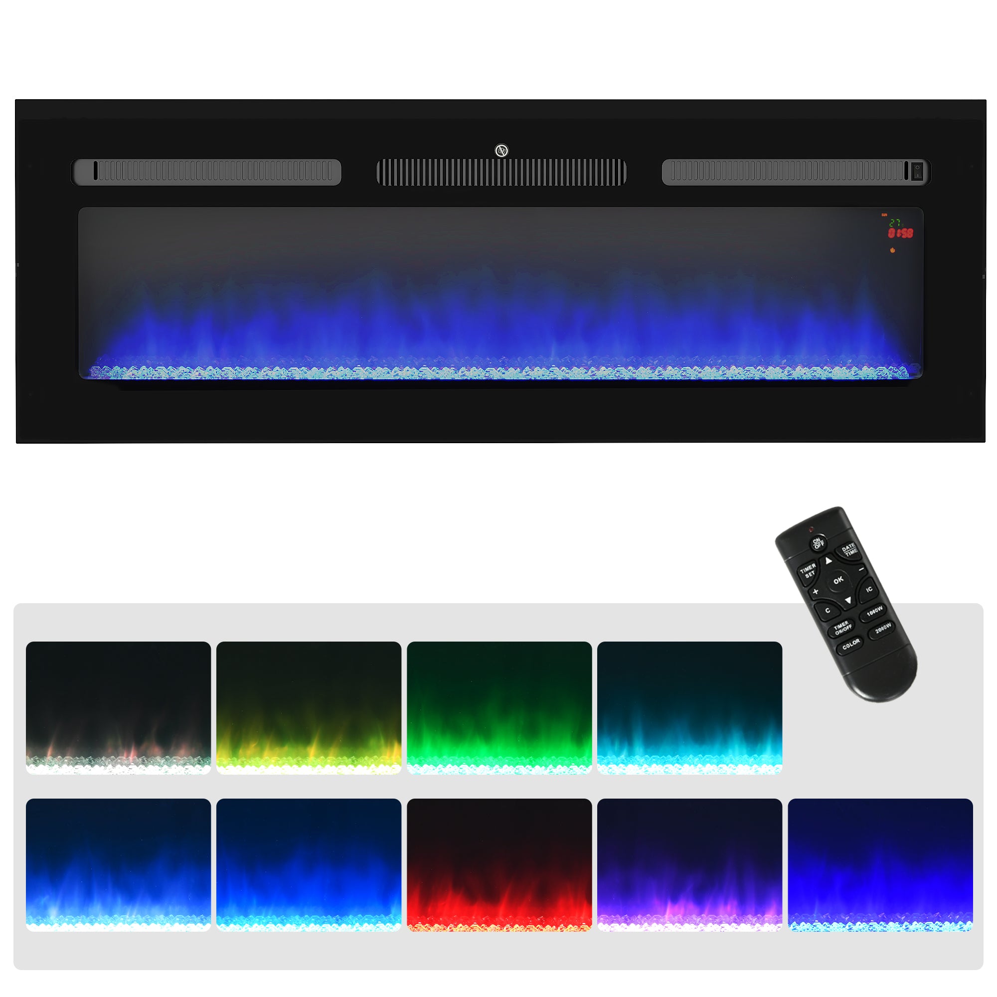 HOMCOM 127cm Electric Fireplace, 2000W Recessed and Wall Mounted Electric Fire with Remote Control, 9 Flame Colour and Crystal, Black 