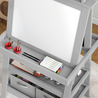 AIYAPLAY 3 in 1 Kids Easel Double-Sided Magnetic Whiteboard and Chalkboard with Paper Roll, Storage Baskets - Grey 