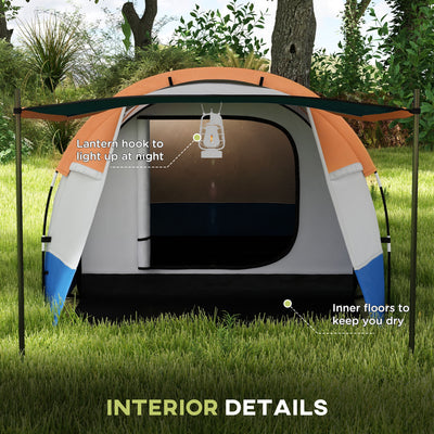 Outsunny Camping Tent, Large Tunnel Tent with Bedroom and Living Area, 2000mm Waterproof, Portable with Bag for 2-3 Man, Orange 