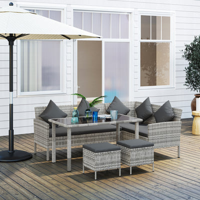 Outsunny tsunny 6-Seater Rattan Dining Set Sofa Table Footstool Outdoor w/ Cushion Garden Furniture, Dark Grey 