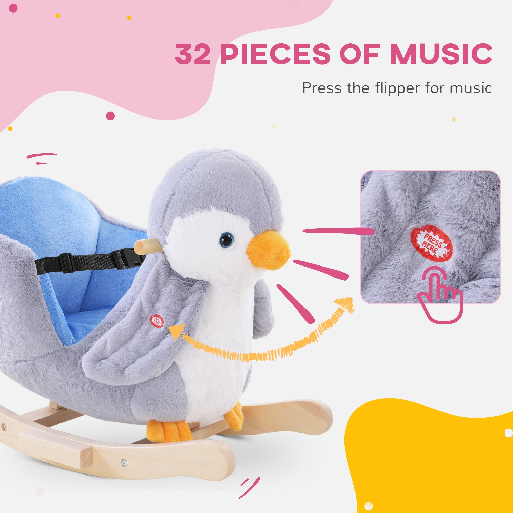 HOMCOM Children Kids Animal Rocking Horse Penguin Plush Musical Button 32 Songs Kid Rocker for 18+ Months 