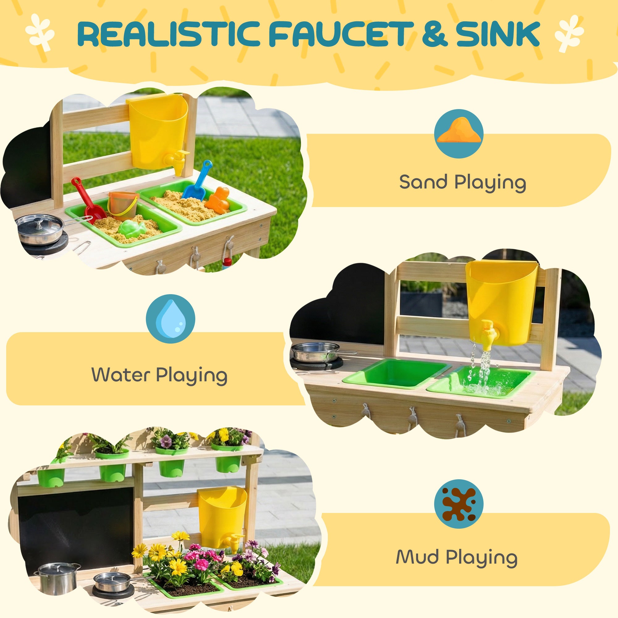 AIYAPLAY Kids Mud Kitchen, Outdoor Wooden Play Kitchen with Kitchenware & Garden Tools, Pretend Play Outdoor Toys, Natural 