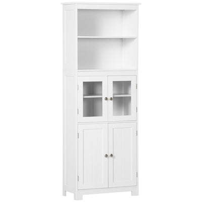 HOMCOM Freestanding Kitchen Cupboard, 4-Door Storage Cabinet with Adjustable Shelf and Glass Doors for Dining Room, Living Room, White 