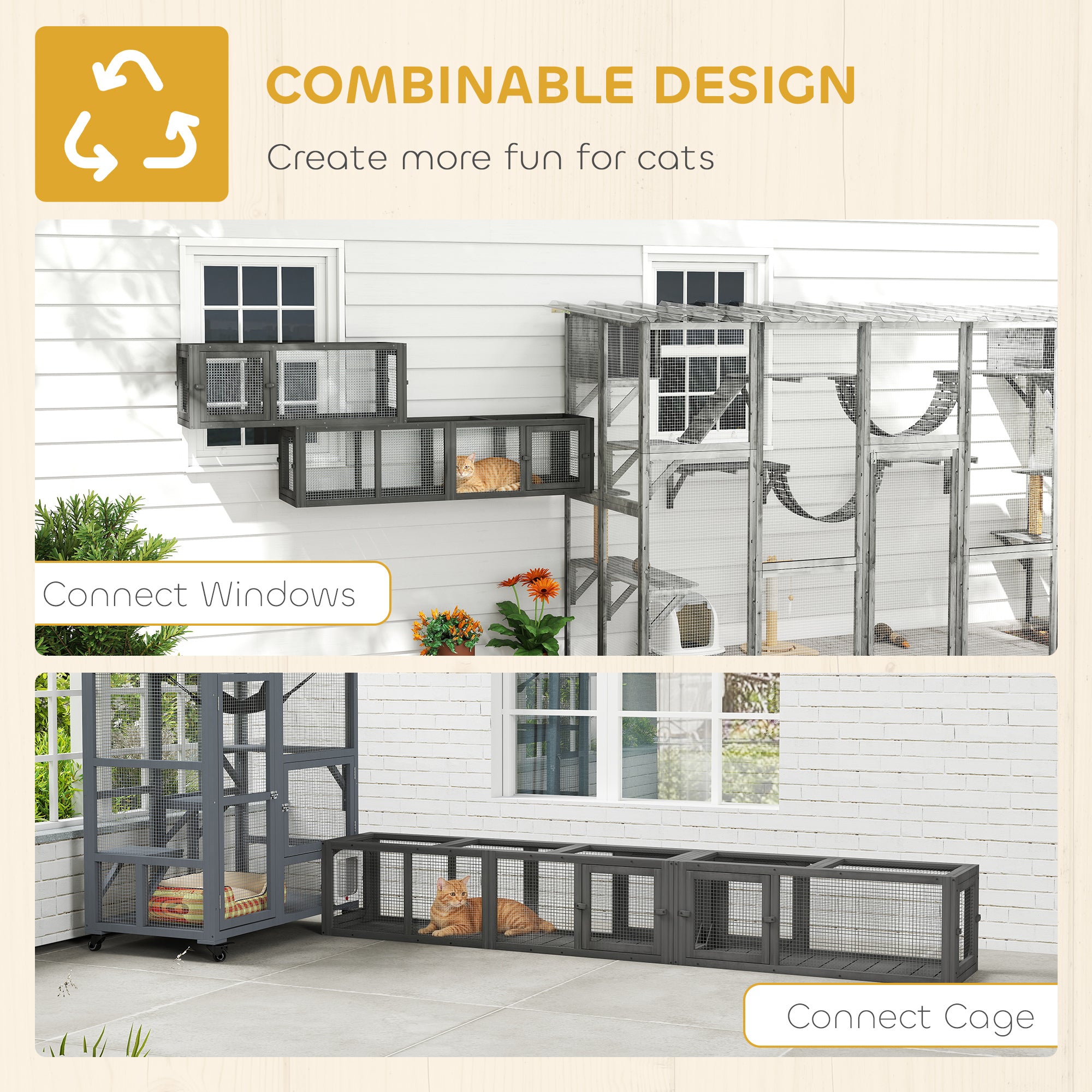 PawHut Cat Tunnel, 250cm Extra Long Wooden Cat Play Tunnel with 8 Doors, L-shape/Rectangle, Outdoor Cat Enclosure, Dark Grey 