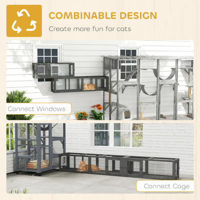 PawHut Cat Tunnel, 250cm Extra Long Wooden Cat Play Tunnel with 8 Doors, L-shape/Rectangle, Outdoor Cat Enclosure, Dark Grey 