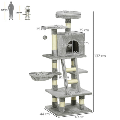 PawHut 132cm Cat Tree with Scratching Post, House, Hammock, Toy Balls - Grey 