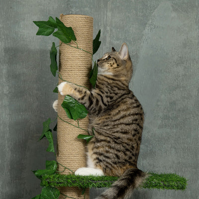PawHut 242cm Adjustable Floor-To-Ceiling Cat Tree, with Artificial Decoration, Perches, Anti-Slip Kit - Green 