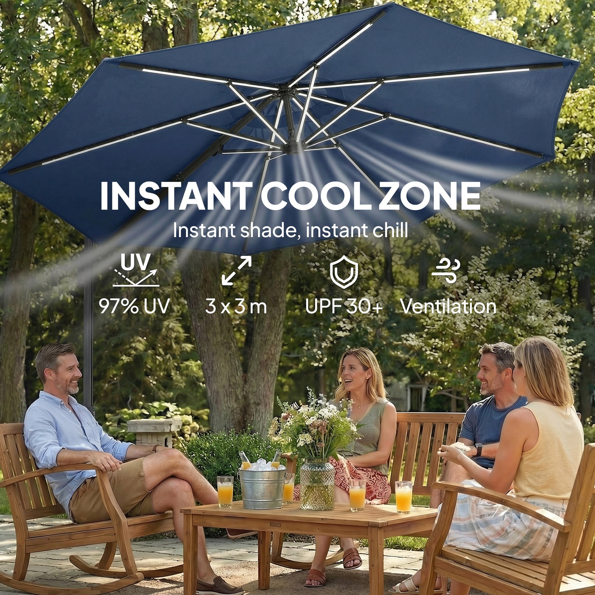 Outsunny 3 m Garden Cantilever Parasol with LED Solar Light, Round Overhanging Umbrella with 360° Rotation, Cover, Navy Blue 