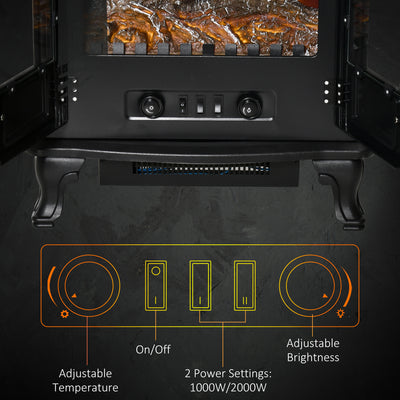 HOMCOM Electric Fireplace Stove Heater with LED Fire Flame Effect, Double Door, Freestanding & Portable with Overheat Protection, 1000W/2000W, Black 