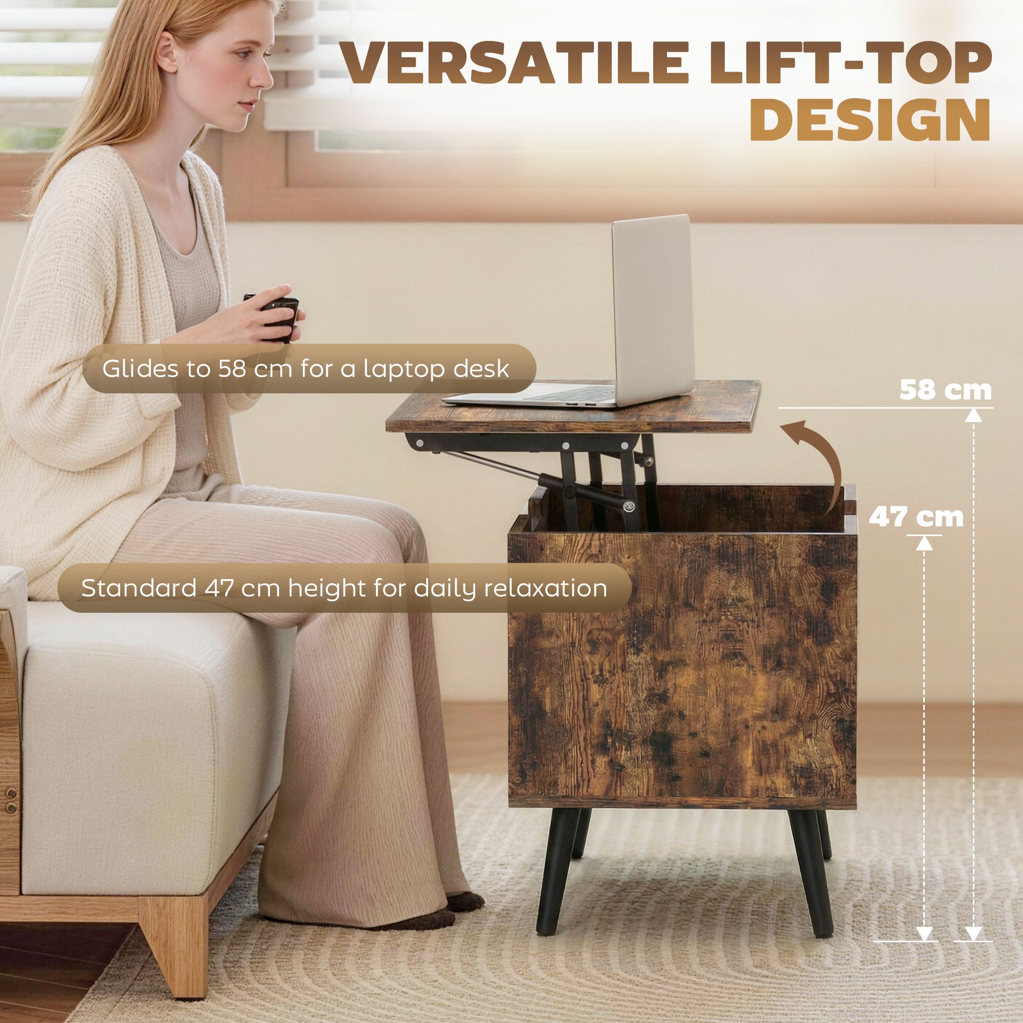 HOMCOM Lift Top Coffee Table with Hidden Storage Living Room Table Metal Legs 75 cm Rustic Brown 