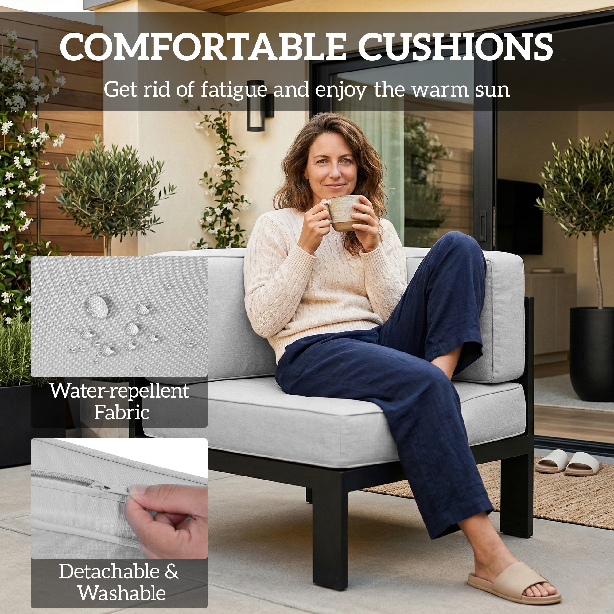 Outsunny 5-Piece Garden Corner Sofa Set with Cushions, 6 Seater Aluminium Garden Furniture Set with Coffee Table, Light Grey 