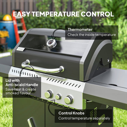 Outsunny 4+1 Burner Gas BBQ Grill with Clear View Lid, Portable Gas Barbecue Grill with Built-in Thermometer, Side Table, Cabinet, Wheels, Grease Tray for Garden Party Outdoor Cooking, Black 