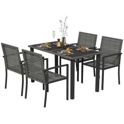 Outsunny Outdoor Dining Set 5 Pieces Patio Conservatory with Tempered Glass Tabletop,4 Dining Chairs - Grey 