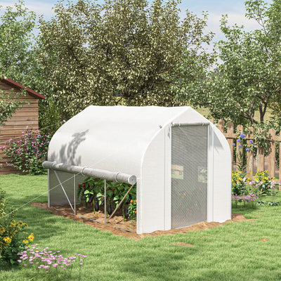 Outsunny 3 x 2(m) Walk-in Polytunnel Greenhouse, Zipped Roll Up Sidewalls, Mesh Door, 6 Mesh Windows, Tunnel Warm House Tent with PE Cover, Complimentary Plant Labels and Gloves, White 