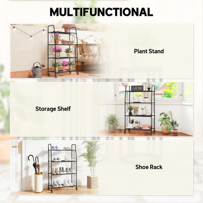 Outsunny 4-Tier Metal Plant Stand, Heavy Duty Ladder Shelf Potted Plants Display Rack with Lockable Wheels 