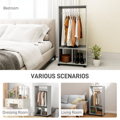 HOMCOM Open Wardrobe for Bedroom, Small Wardrobe on Wheels with Clothes Rail, Storage Shelves, Mobile Garment Rack for Clothes Storage, Cloakroom, Hallway, Grey 