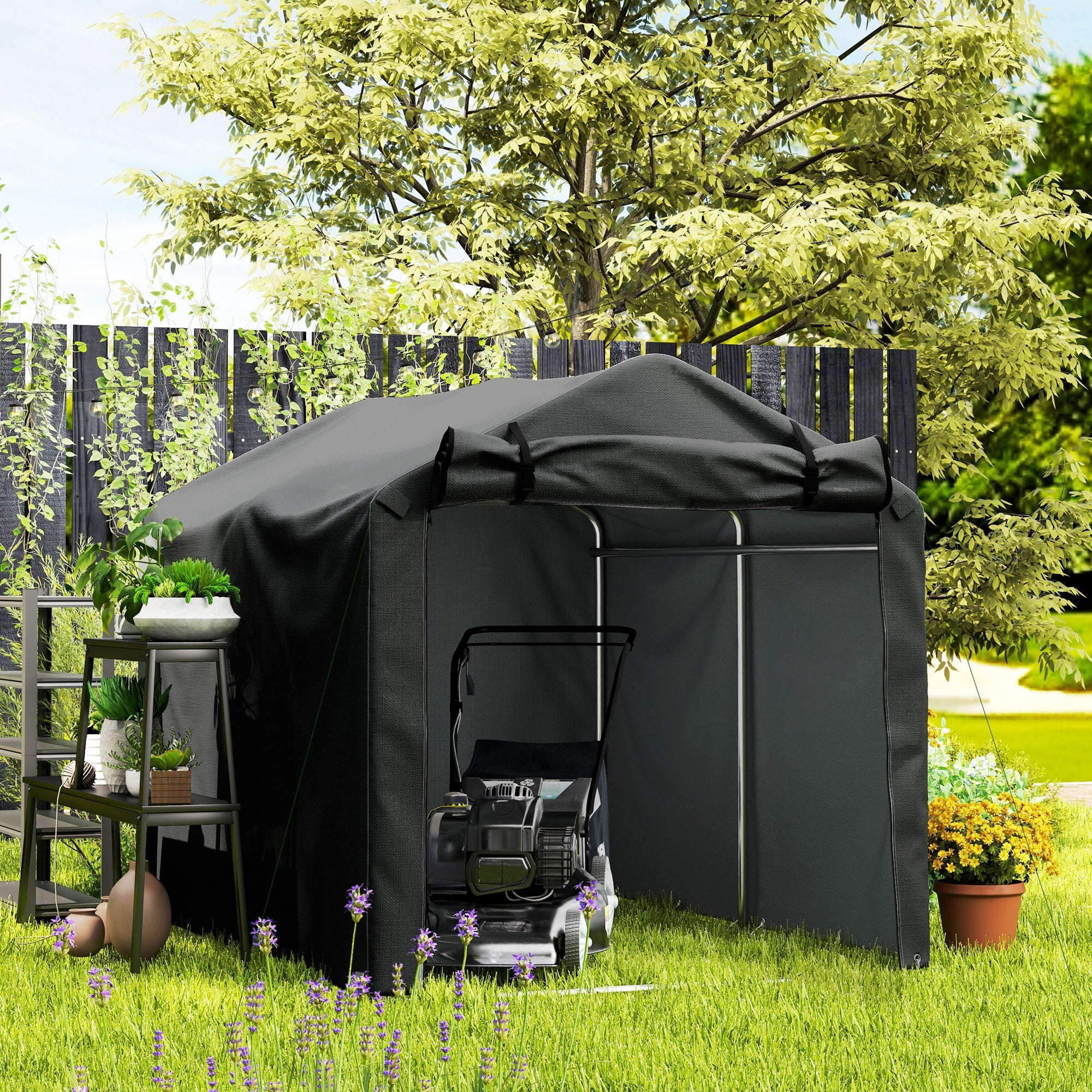 Outsunny 2.2 x 1.6 m Garden Storage Tent, Waterproof Anti-UV Bike Tent with Roll-up Zipper Door, Galvanised Outdoor Storage Shelter Carport for Bike, Motorbike, Garden Tools, Black 