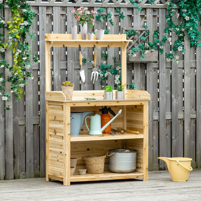 Outsunny Garden Potting Bench Table, Wooden Workstation Bench w/ Galvanized Metal Tabletop, Storage Shelves and Hooks, Natural 