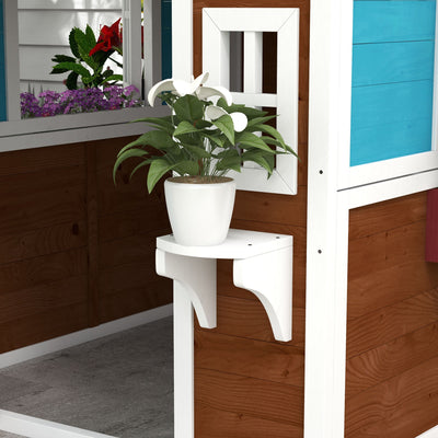 Outsunny Wooden Playhouse with Doors, Windows, Plant Pots, Boxes, for 3-8 Years - Dark Brown 